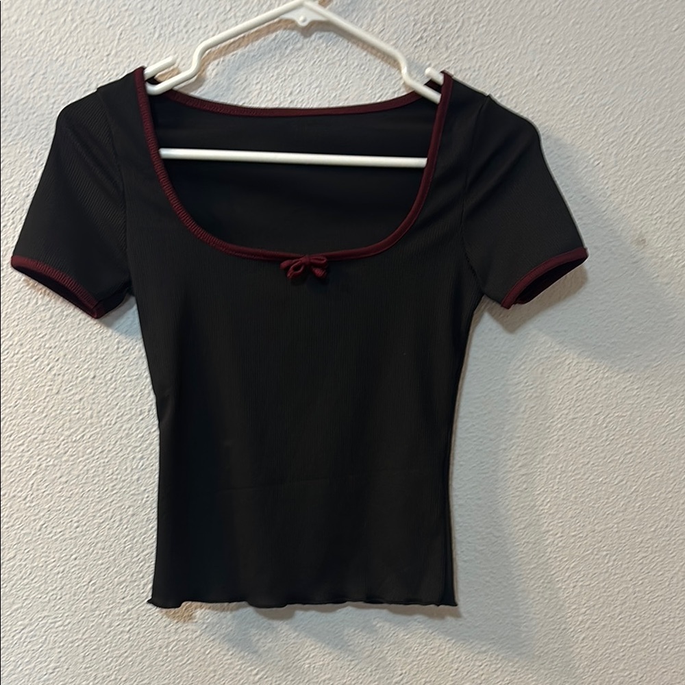 Dazy Black and Red Fitted Tie Front Blouse
